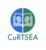 Half blue, half green CuRTSEA circle logo with an open book inside with two people facing each other